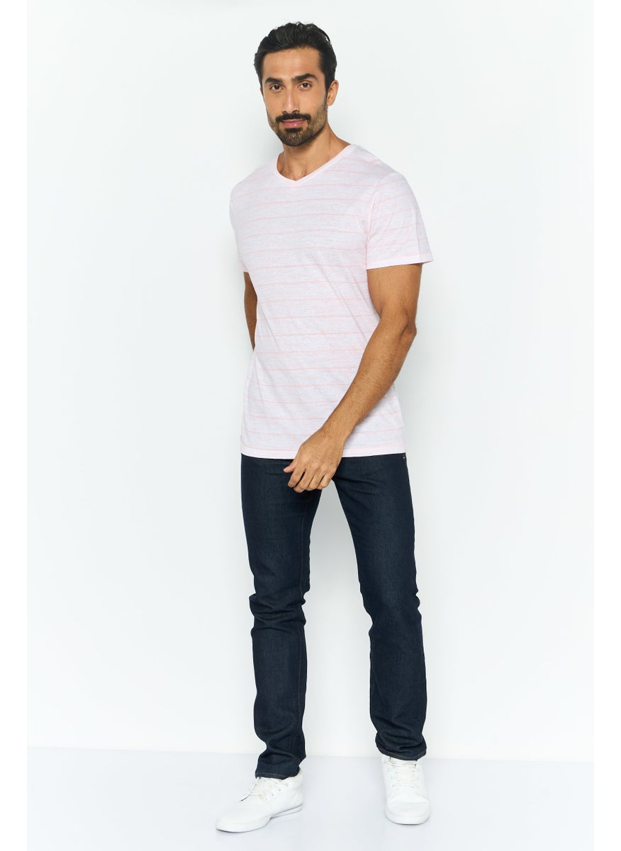 Company Eighty One - Men V-Neck Short Sleeve Stripe Heather T-Shirt, Pink - Image 1