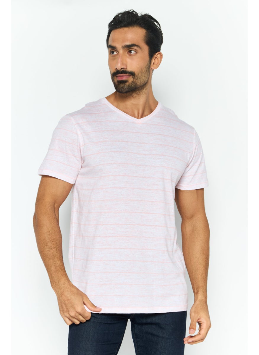 Company Eighty One - Men V-Neck Short Sleeve Stripe Heather T-Shirt, Pink - Image 1