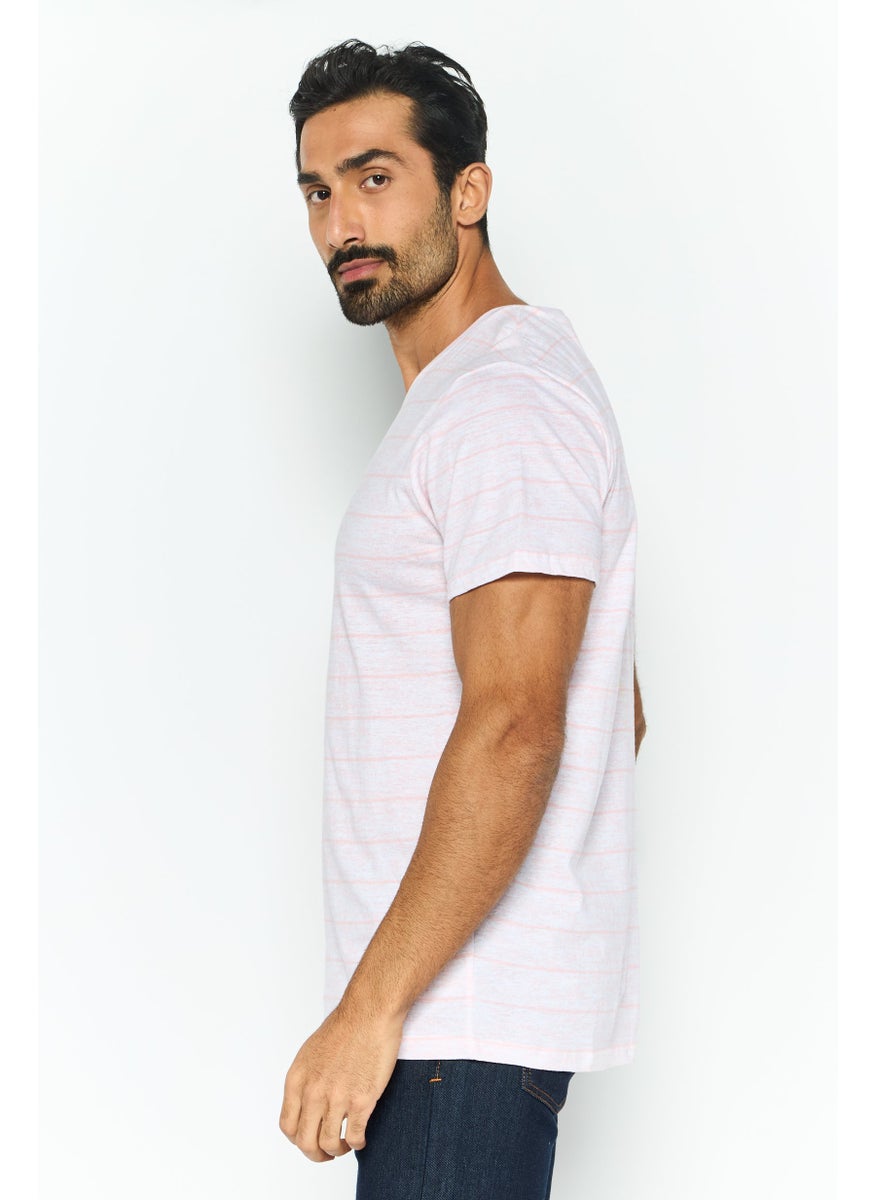 Company Eighty One - Men V-Neck Short Sleeve Stripe Heather T-Shirt, Pink - Image 1