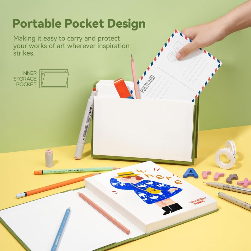 Arrtx Premium Hardcover Sketch Book, 60 Sheets/120 Pages, 180 GSM Thick Acid-Free Drawing Paper, Hardbound Sketch Pad with Inner Pocket, Green 8.5"x6.1" Sketchbook - Image 5