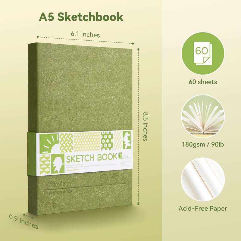 Arrtx Premium Hardcover Sketch Book, 60 Sheets/120 Pages, 180 GSM Thick Acid-Free Drawing Paper, Hardbound Sketch Pad with Inner Pocket, Green 8.5"x6.1" Sketchbook - Image 2