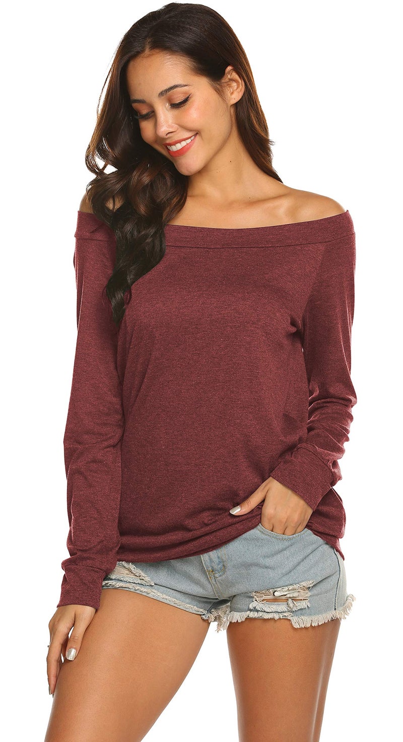 Halife Off Shoulder Blouses for Women Sexy Long Sleeve Slash Neck Tops (M, Wine Red) - Image 4