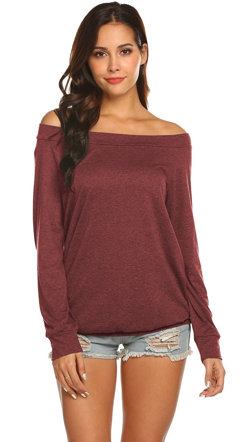 Halife Off Shoulder Blouses for Women Sexy Long Sleeve Slash Neck Tops (M, Wine Red) - Image 3