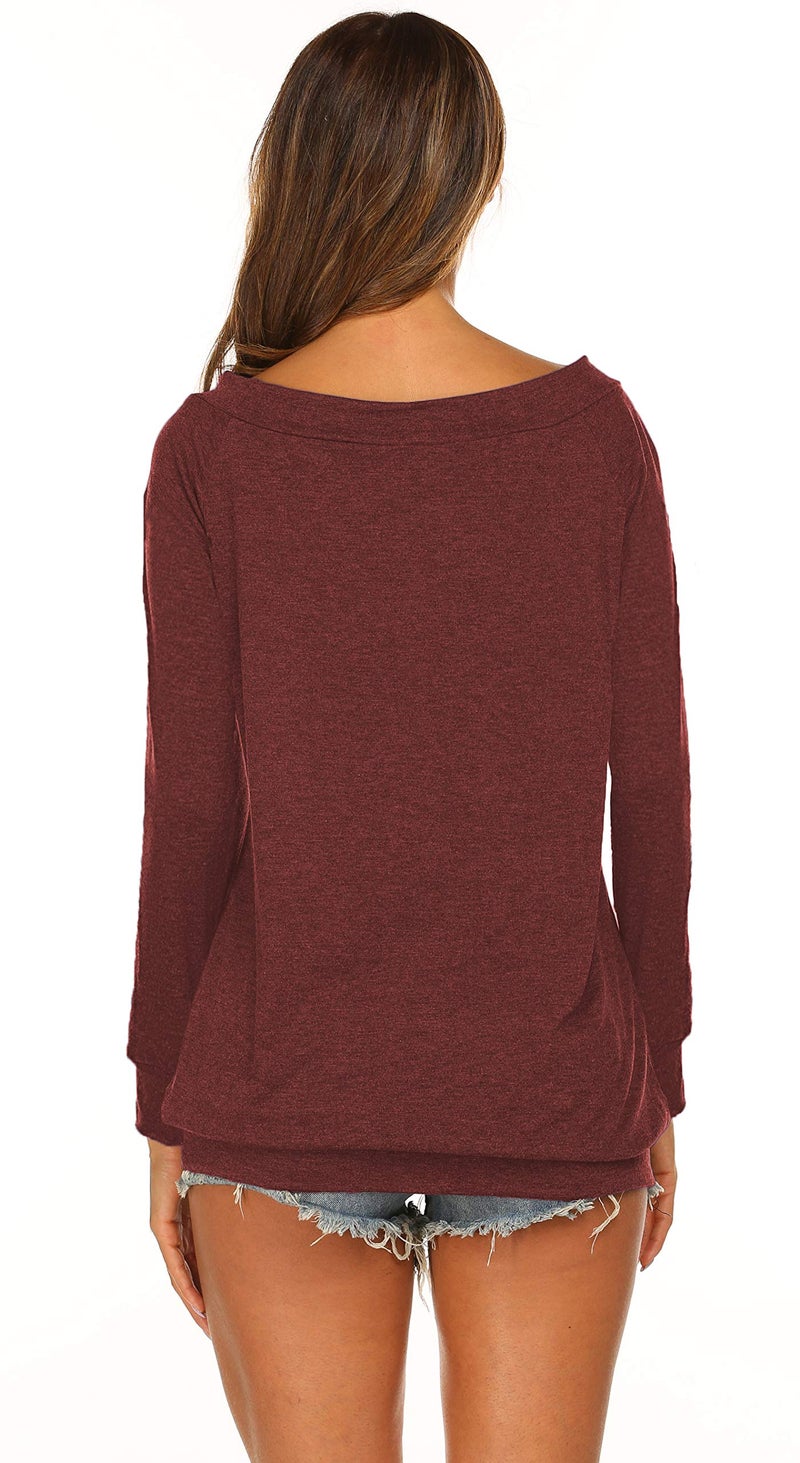 Halife Off Shoulder Blouses for Women Sexy Long Sleeve Slash Neck Tops (M, Wine Red) - Image 5