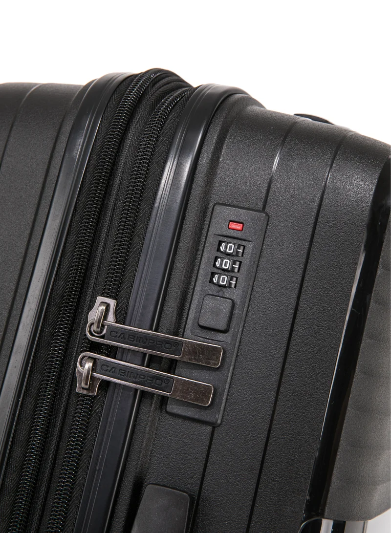 CABINPRO Light Weight PP Fashion Trolley Luggage Expandable Hard Case Large Checked Suitcase with Safe Zipper and 4 Quite 360° Double Spinner Wheels CP002 Black