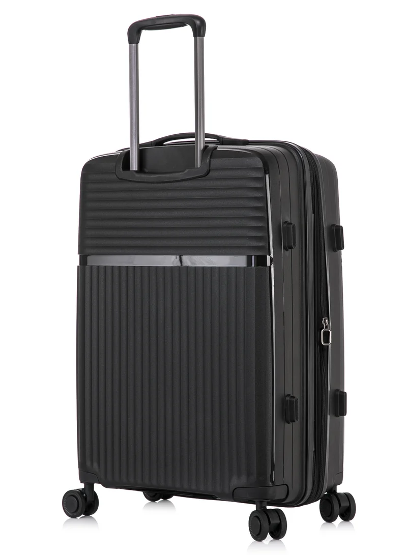CABINPRO Light Weight PP Fashion Trolley Luggage Expandable Hard Case Large Checked Suitcase with Safe Zipper and 4 Quite 360° Double Spinner Wheels CP002 Black