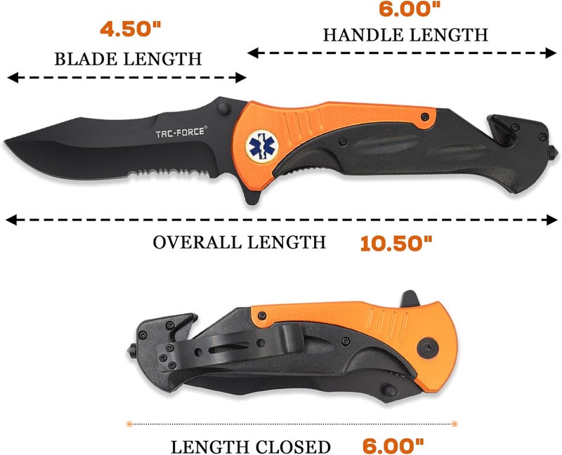Tac-Force Folding Pocket Knife – Black Partially Serrated Blade, Black Aluminum Handle with Rope Cutter, Glass Punch, Pocket Clip, Tactical, EDC, Rescue (Orange) - Image 2