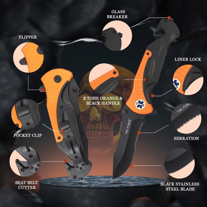 Tac-Force Folding Pocket Knife – Black Partially Serrated Blade, Black Aluminum Handle with Rope Cutter, Glass Punch, Pocket Clip, Tactical, EDC, Rescue (Orange) - Image 3