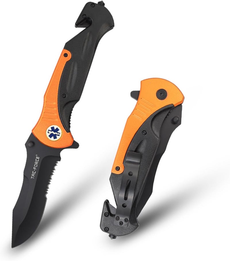 Tac-Force Folding Pocket Knife – Black Partially Serrated Blade, Black Aluminum Handle with Rope Cutter, Glass Punch, Pocket Clip, Tactical, EDC, Rescue (Orange) - Image 1