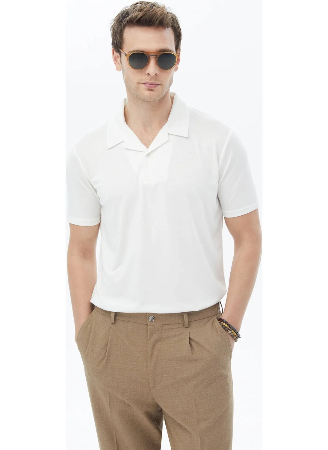 Kip White Plain Cuban Collar T-Shirt