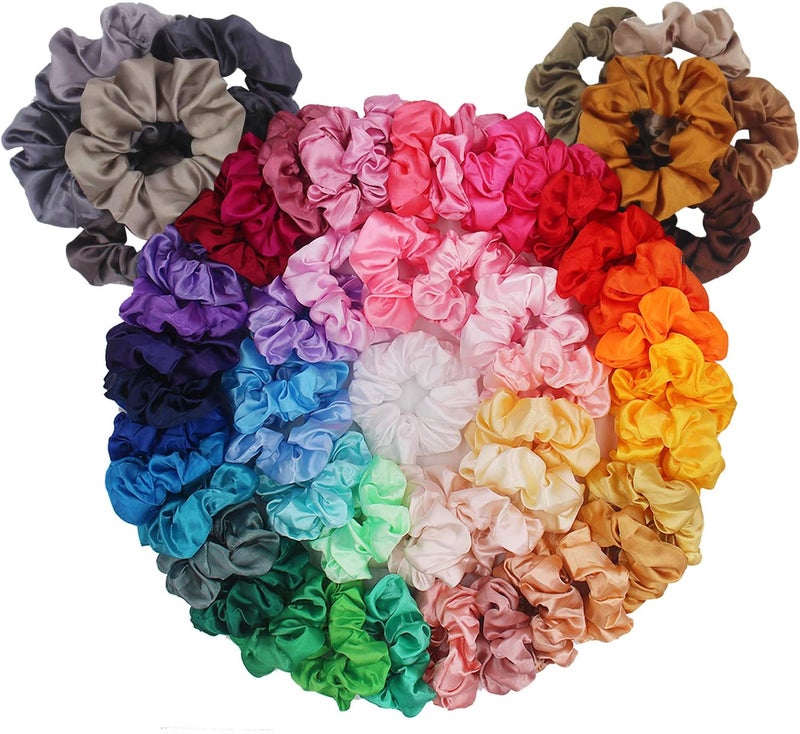 BeeVines 60 Pack Hair Scrunchies, Silk Hair Ties, Silky Curly Hair Elastics for Kids & Women, Elastic Hair Accessories Silk Ties, Satin Silk Scrunchies Girl's Hair ties Pack Birthday Gift - Image 1