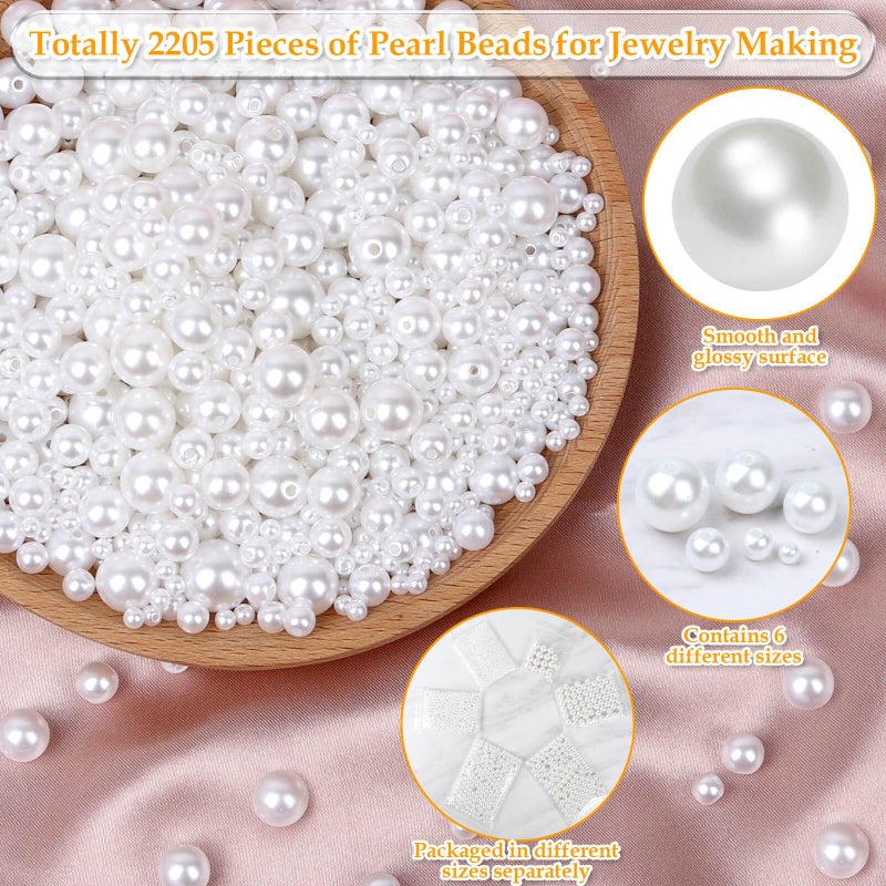 Anezus 2205Pcs White Pearls for Craft, Assorted Sizes Fake Pearl Beads, Sew on Pearls, Bulk Loose Pearl Beads with Holes for Jewelry Making, Bracelets, Necklaces, Hairs, Decoration, Vase Filler - Image 2