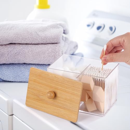 Ohlove Qtip Holder with Bamboo Lids, 3 Compartments Cotton Ball/Swabs Dispenser, Apothecary Jar Clear Plastic Bathroom Container for Storage and Organizer - Image 4