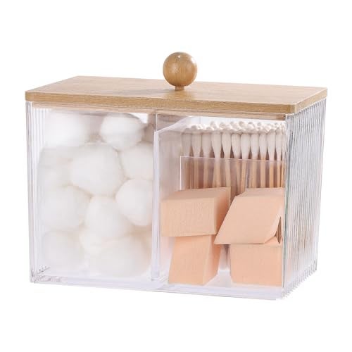 Ohlove Qtip Holder with Bamboo Lids, 3 Compartments Cotton Ball/Swabs Dispenser, Apothecary Jar Clear Plastic Bathroom Container for Storage and Organizer - Image 1