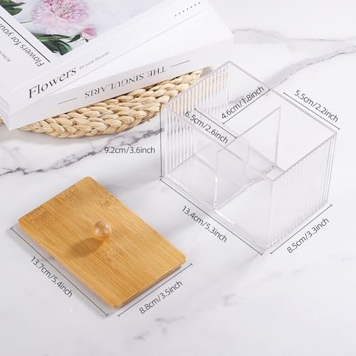 Ohlove Qtip Holder with Bamboo Lids, 3 Compartments Cotton Ball/Swabs Dispenser, Apothecary Jar Clear Plastic Bathroom Container for Storage and Organizer - Image 2