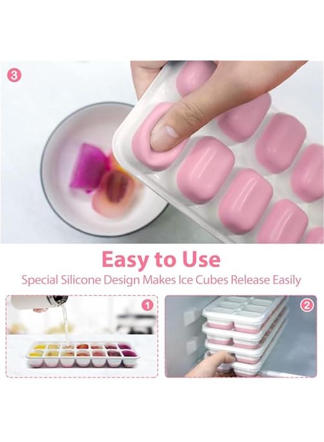 HOOKOR 4 Pack Ice Cube Trays, Easy-Release Silicone and Flexible 14-Ice Cube Maker with Spill-Resistant Removable Lid, BPA Free, for Cocktail, Beer, Stackable Flexible Ice Trays (Pink) - Image 3