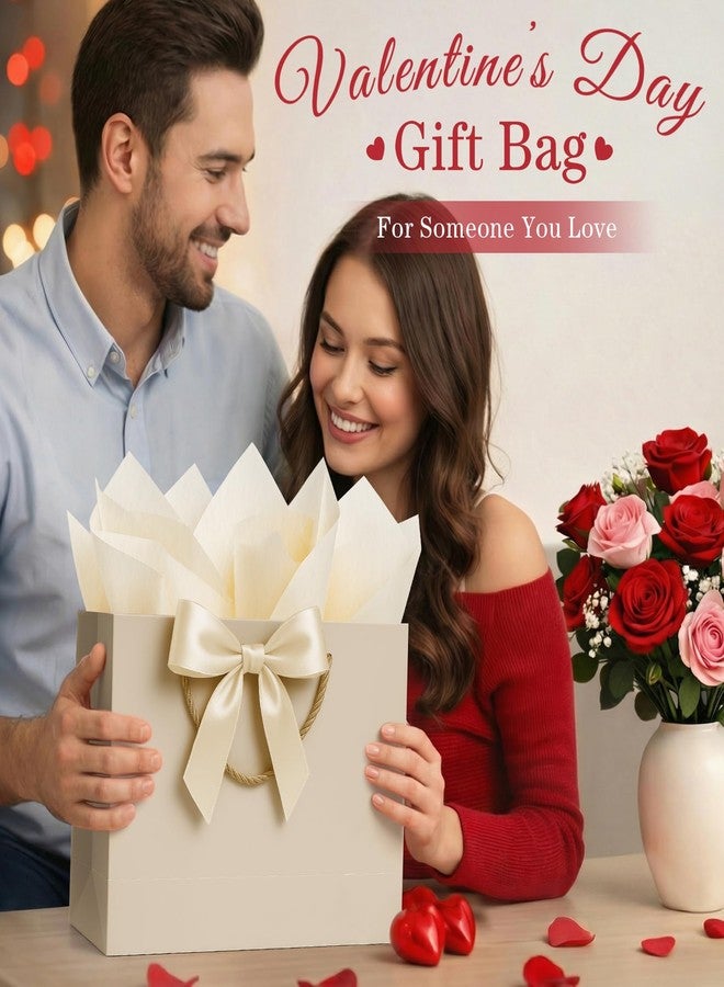 ANZNKU Gift Bag, 1 Pack Medium Gift Bags with Handles with Ribbon and 2 Tissue Paper 1 Greeting Card, Elegant Champagne Beige Paper Gift Bag for Valentine's Day, Wedding, Birthday Gift Wrap, Baby - Image 3