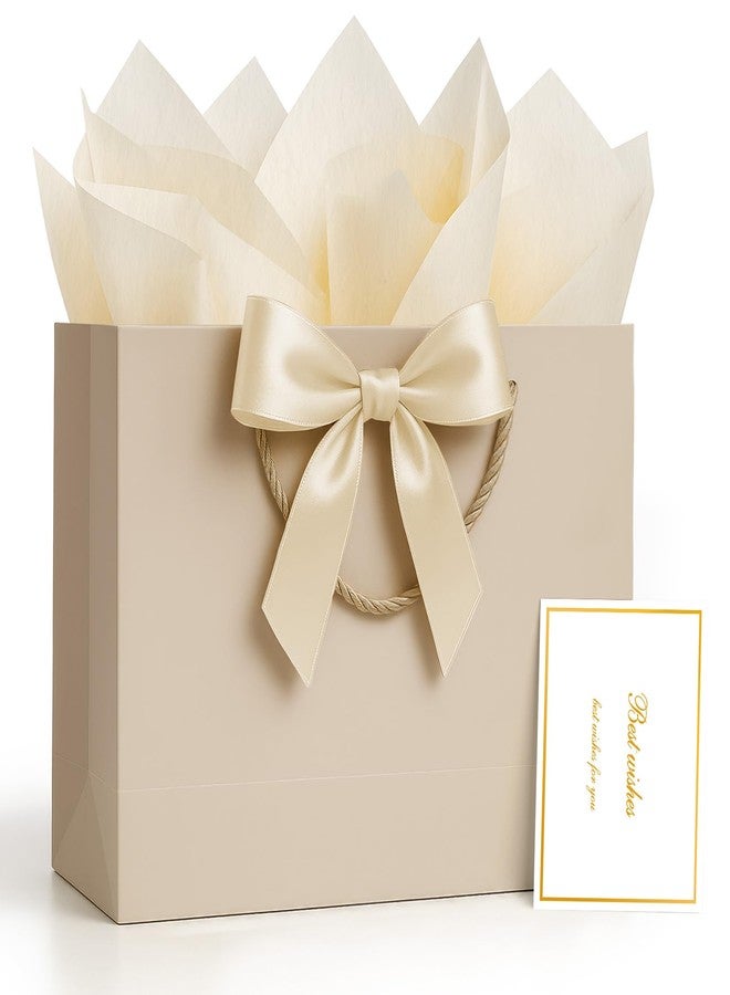 ANZNKU Gift Bag, 1 Pack Medium Gift Bags with Handles with Ribbon and 2 Tissue Paper 1 Greeting Card, Elegant Champagne Beige Paper Gift Bag for Valentine's Day, Wedding, Birthday Gift Wrap, Baby - Image 1