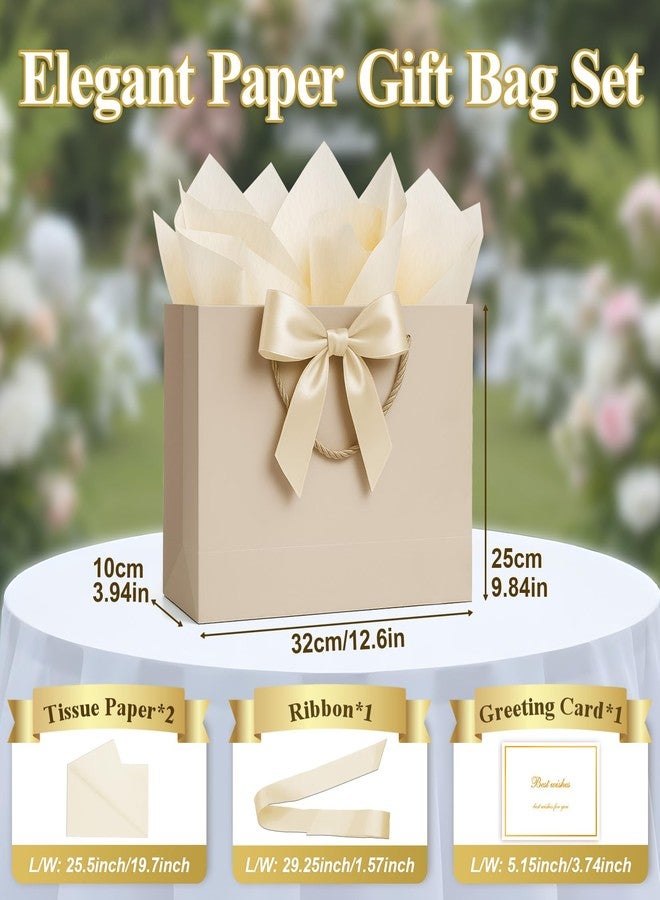 ANZNKU Gift Bag, 1 Pack Medium Gift Bags with Handles with Ribbon and 2 Tissue Paper 1 Greeting Card, Elegant Champagne Beige Paper Gift Bag for Valentine's Day, Wedding, Birthday Gift Wrap, Baby - Image 2