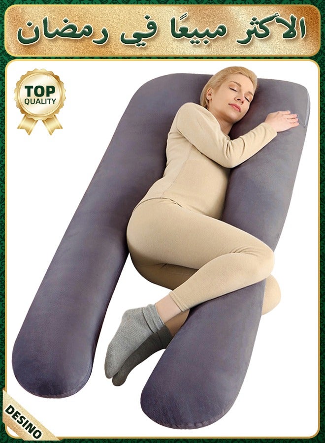 قف وسادة الحمل، حشوة قطنية من البولي بروبيلين 7D بوزن 1300 جرام، وسادة أمومة للجسم بالكامل 70×130 سم مع غطاء مخملي قابل للإزالة، تدعم البطن والظهر والوركين والساقين - Image 1