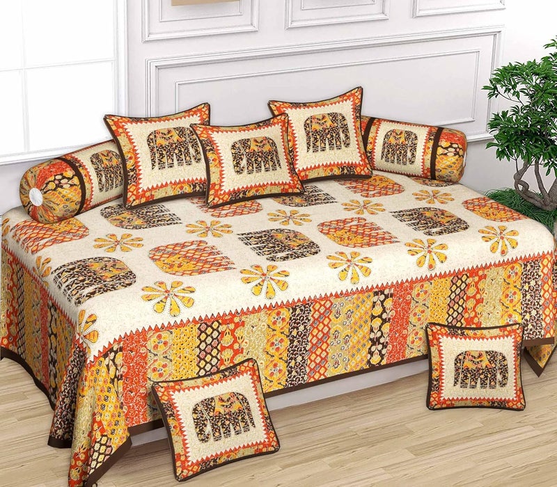 SkyKross - Everyday A New Thing SkyKross Everyday A New Thing Barmeri Special Hathi Pure Soft Cotton Diwan Cover Set 8 Pcs Set 5 Cushion Cover2 Bolster Cover1 Bedsheet Brown - Image 1