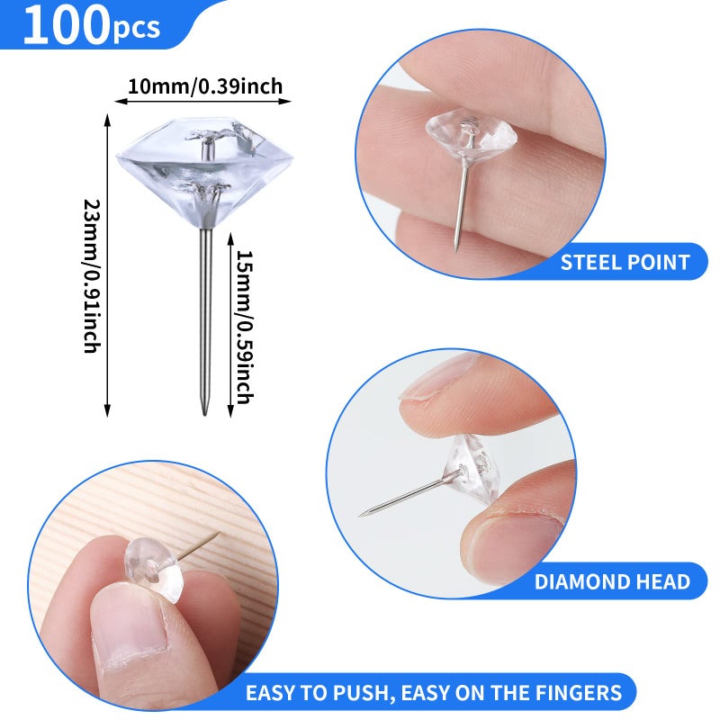 Pajean 100 Pieces Clear Push Pins Decorative Diamond Tacks for Cork Board Crystal Furniture Transparent Push Pins Thumb Tacks for Cute Wedding Furniture Sofa Bulletin Board Posters Maps Classroom - Image 2