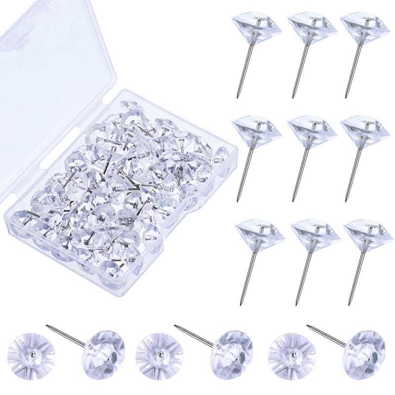 Pajean 100 Pieces Clear Push Pins Decorative Diamond Tacks for Cork Board Crystal Furniture Transparent Push Pins Thumb Tacks for Cute Wedding Furniture Sofa Bulletin Board Posters Maps Classroom - Image 1
