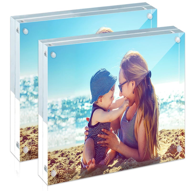 HELPLEX Acrylic Frames 2 Pack 4x4 20mm Thicker Frameless Clear Frame Double Sided Magnetic Free Standing Desktop Display