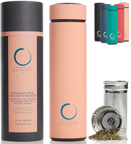 Pure Zen Tea Thermos with Infuser for Hot and Cold Infusions - Stainless Steel - Tea Infuser Bottle - Leakproof Travel Mug with Filter - 15oz - Pink - Image 1