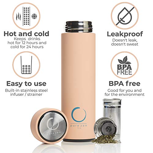 Pure Zen Tea Thermos with Infuser for Hot and Cold Infusions - Stainless Steel - Tea Infuser Bottle - Leakproof Travel Mug with Filter - 15oz - Pink - Image 3