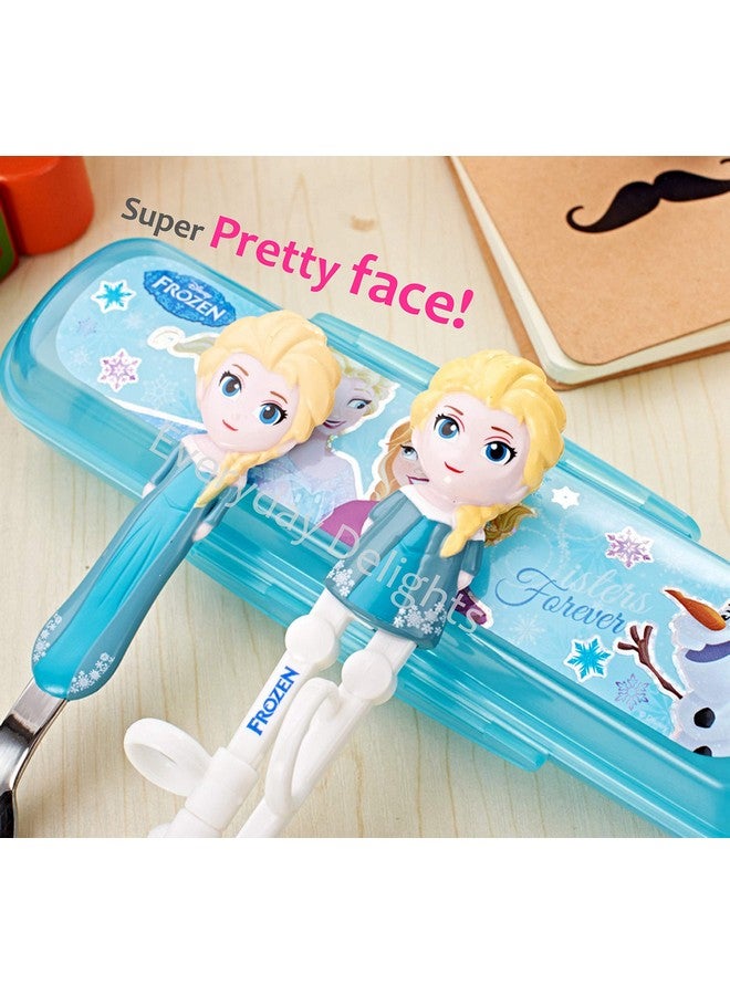 Princess Frozen Queen Elsa Kids Children Spoon Training Chopsticks Flatware Utensil Cutlery Dinnerware Tableware Set with Case, 3 pieces - Image 1