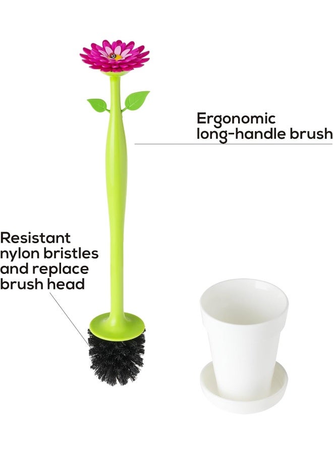Vigar Flower Power Toilet Brush with Holder Set Toilet Brush with DaisyShaped Handle Flowerpot Base with Saucer Durable Bristles for Bathroom White - Image 3