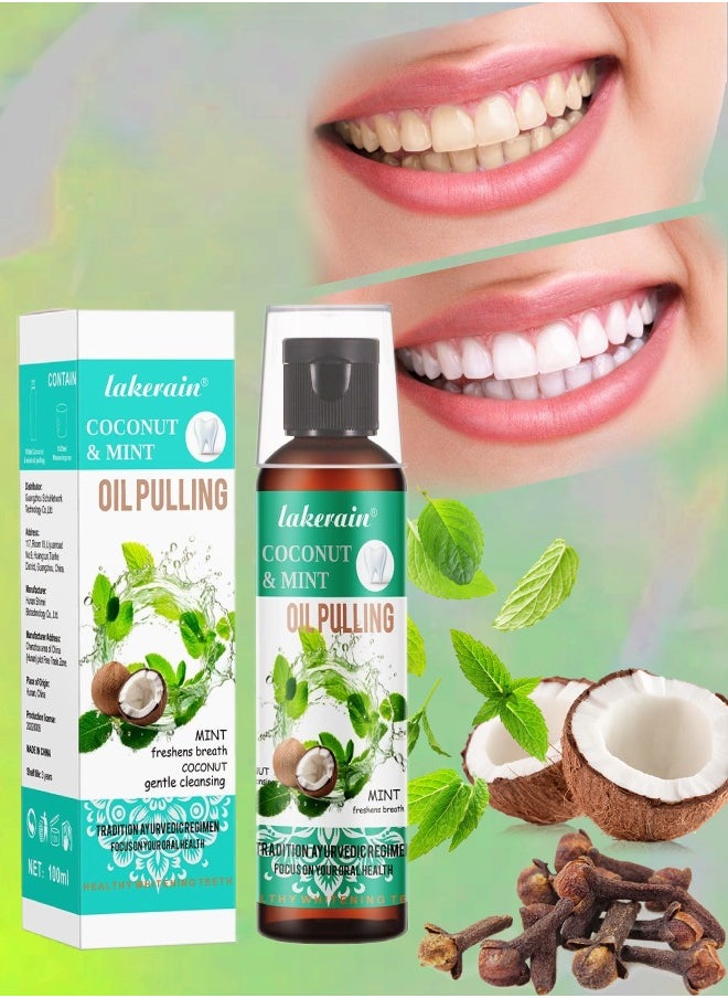 lakerain 100ml Coconut Oil and Peppermint Oil Pulling Whitening Mouthwash Teeth Whitening Oil Pulling Mouthwash Natural Coconut Oil Pulling for Healthier Teeth and Gum Fresh Breath With 7 Natural Pulling Oil  - Image 1