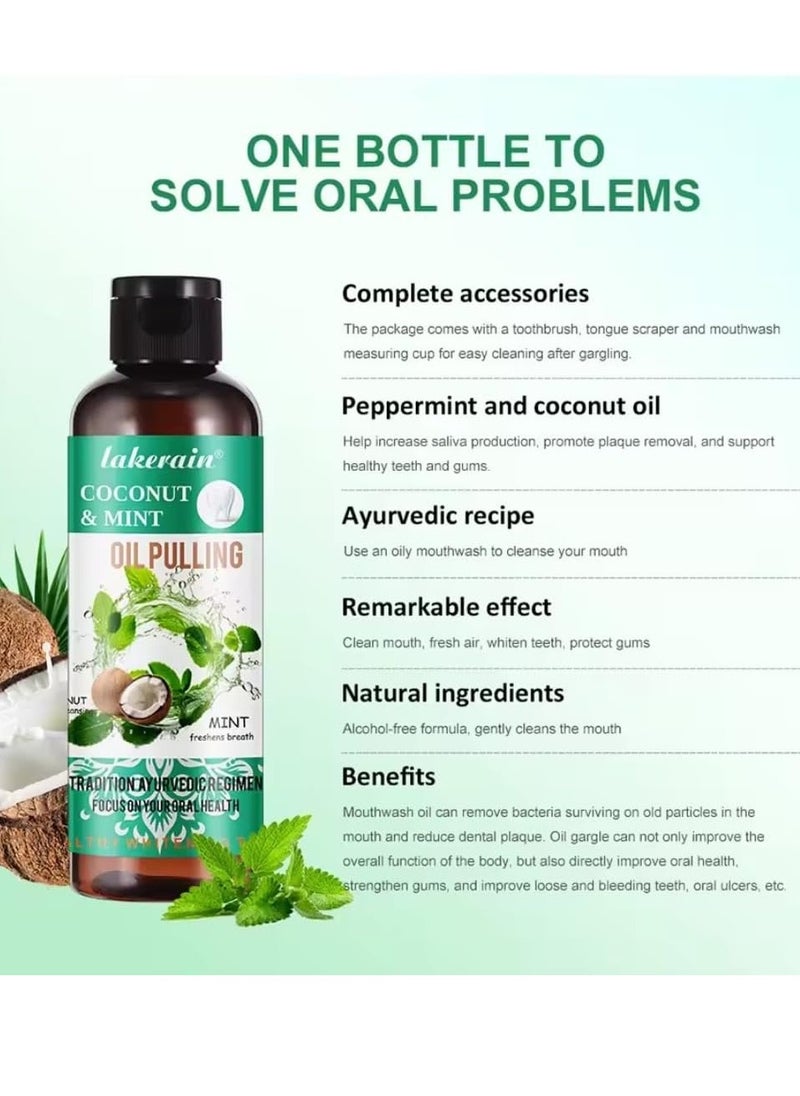 lakerain 100ml Coconut Oil and Peppermint Oil Pulling Whitening Mouthwash Teeth Whitening Oil Pulling Mouthwash Natural Coconut Oil Pulling for Healthier Teeth and Gum Fresh Breath With 7 Natural Pulling Oil  - Image 3