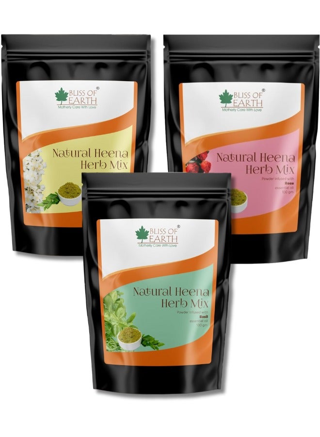BLISS OF EARTH Herbal Henna for Hair: Rose & Jasmine & Basil Set Blended with Herbs Amla, Neem, Babul Gum, & Essential Oils for Long Lasting Hair Color, Hair Nourishment & Health – Pack of 3 x 100g - Image 1