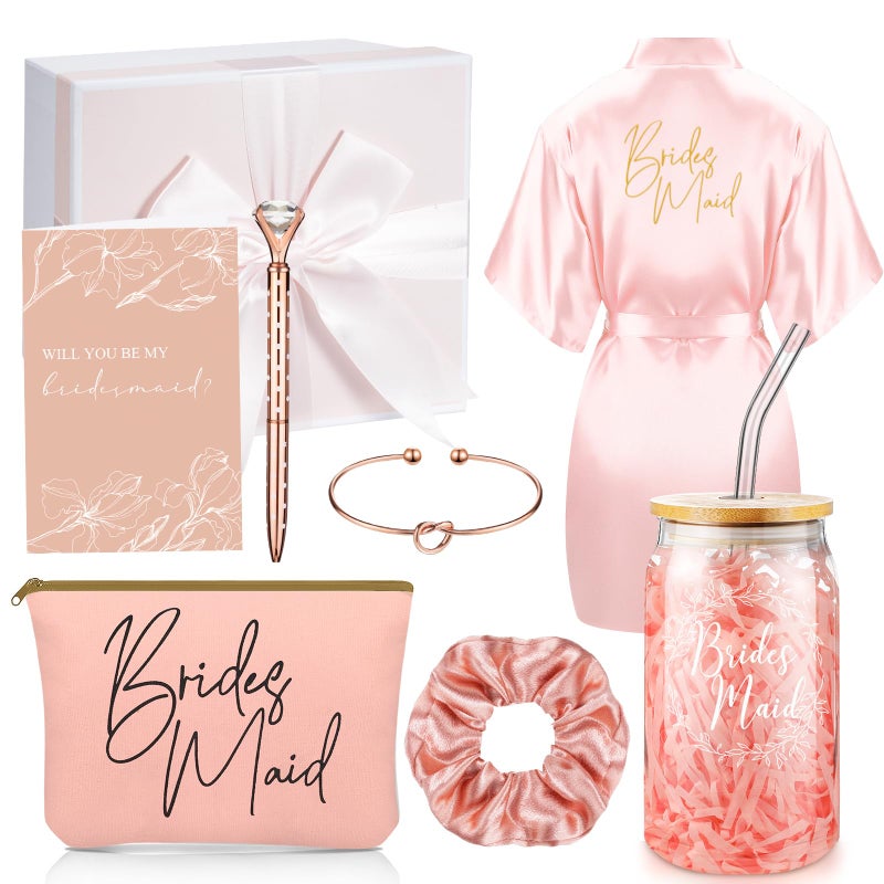 مجموعة هدايا اقتراح وصيفات العروس - أردية، حقيبة مكياج، كوب، بطاقات، رباط شعر، سوار، قلم ماسي، صندوق هدايا وصيفات العروس - وردي - 8 قطع
