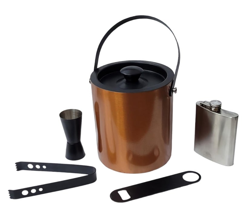 Proniks Stainless Steel Insulated Ice Bucket 1Liter with Opener Ice Tongpeg Measure and with Hip FlaskKeeps Ice Cold for 6 hGreat bar Tools for Home bar Accessories Gold - Image 2
