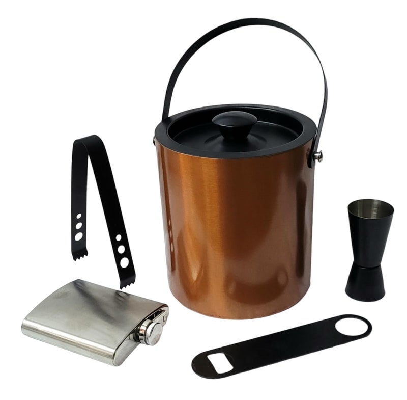 Proniks Stainless Steel Insulated Ice Bucket 1Liter with Opener Ice Tongpeg Measure and with Hip FlaskKeeps Ice Cold for 6 hGreat bar Tools for Home bar Accessories Gold - Image 1