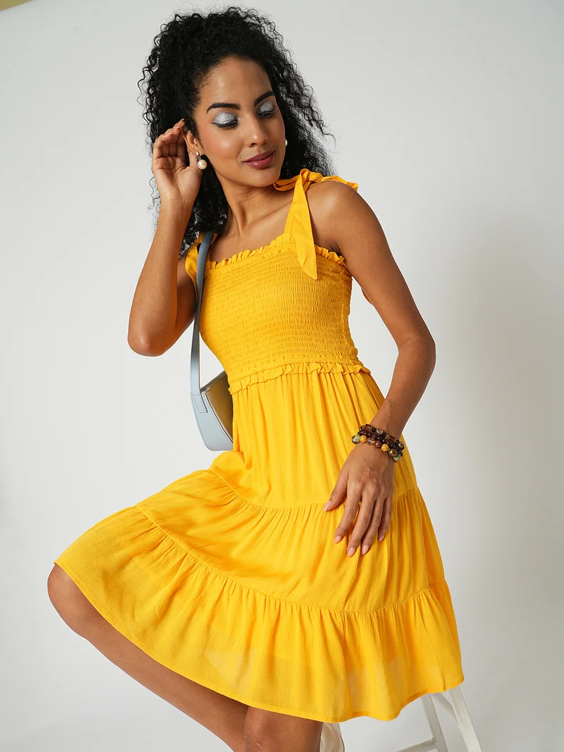globus Globus Women Yellow Square Neck Tie-Up Sleeves Smocked Fit & Flare Tiered Dress