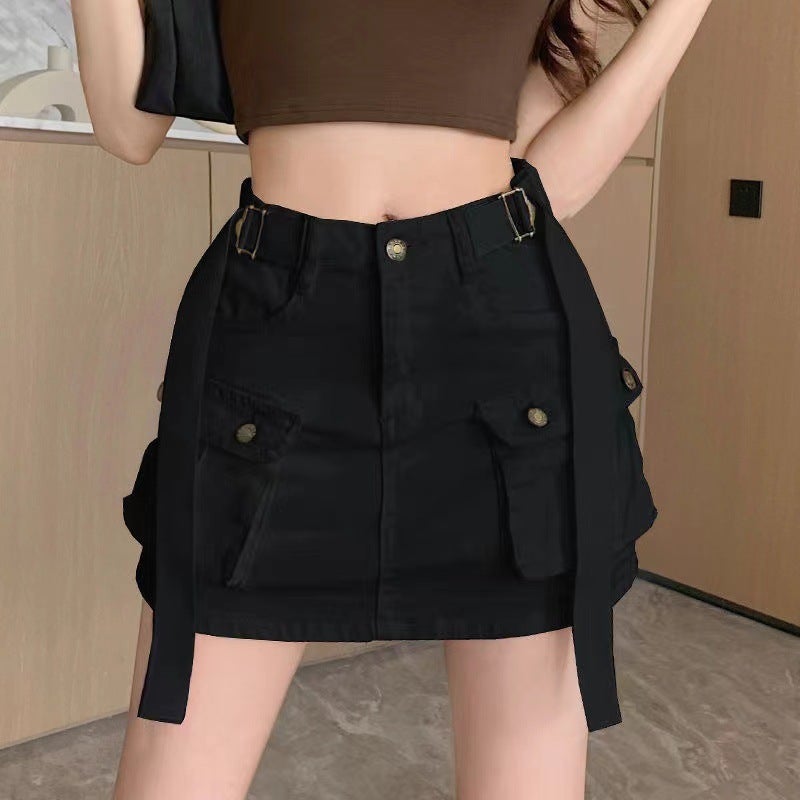 American Denim Half-length Workwear Skirt Womens 2025 Summer New Hip Skirt High Waist Slim A- line Trendy Pants Skirt Black