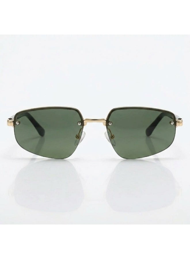 POLITE Unisex Rimless Hexagonal Sunglasses - Green Lens with Gold and Black Metal Frame - Image 1