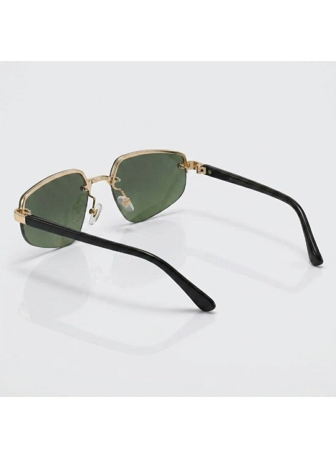 POLITE Unisex Rimless Hexagonal Sunglasses - Green Lens with Gold and Black Metal Frame - Image 3