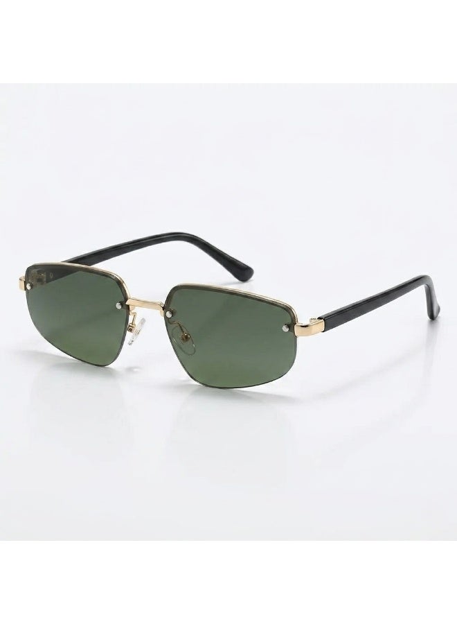 POLITE Unisex Rimless Hexagonal Sunglasses - Green Lens with Gold and Black Metal Frame - Image 2
