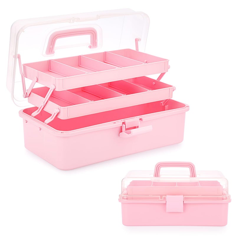 BTSKY 3-Layer Plastic Dividing Storage Box Craft Organizer and Storage with Adjustable Spacers Portable Handled Art Supply Organizer Multipurpose Home Utility Box Organizer (Pink) - Image 1