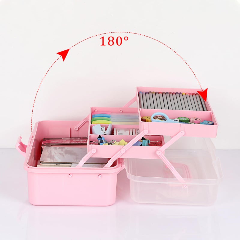 BTSKY 3-Layer Plastic Dividing Storage Box Craft Organizer and Storage with Adjustable Spacers Portable Handled Art Supply Organizer Multipurpose Home Utility Box Organizer (Pink) - Image 2