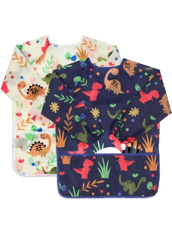 SYOSI Art Smocks for Kids Age 3-8 Years, Waterproof Painting Aprons with Long Sleeves and 3 Pockets, Dinosaur Artist Smocks for Boys and Girls, Art Apron for Children Drawing, 2 Pack - Image 1