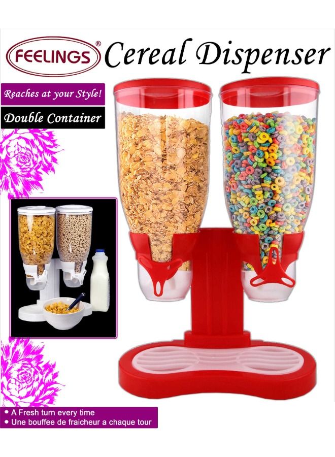 Feelings موزع حبوب الإفطار مزدوج الحجرة 3 لتر + 3 لتر | موزع طعام جاف | تحكم مزدوج | موزع حلوى | موزع حبوب الإفطار على سطح الطاولة | منظم حبوب الإفطار الحجم: 31.5x16.5x38 سم (أحمر) - Image 4