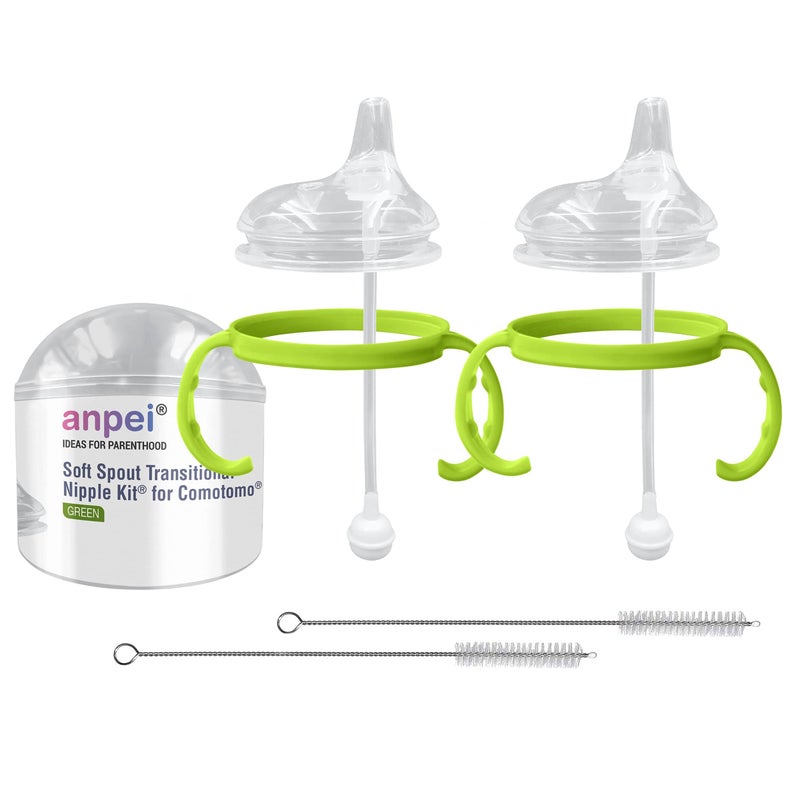 Anpei Sippy Cup Soft Spout Transitional Nipple Kit Bundle Compatible with Comotomo Baby Bottles, 5 oz and 8 oz | Value Bundle 2 Kits + Brushes (Green) - Image 1