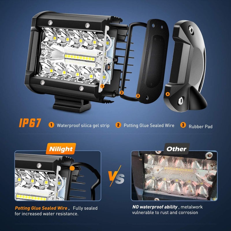 Nilight LED Light Bar 2PCS 60W 4 Inch Flood Spot Combo LED Work Light Pods Triple Row Work Driving Lamp with 12 ft Wiring Harness kit - 2 Leads,2 Year Warranty - Image 4