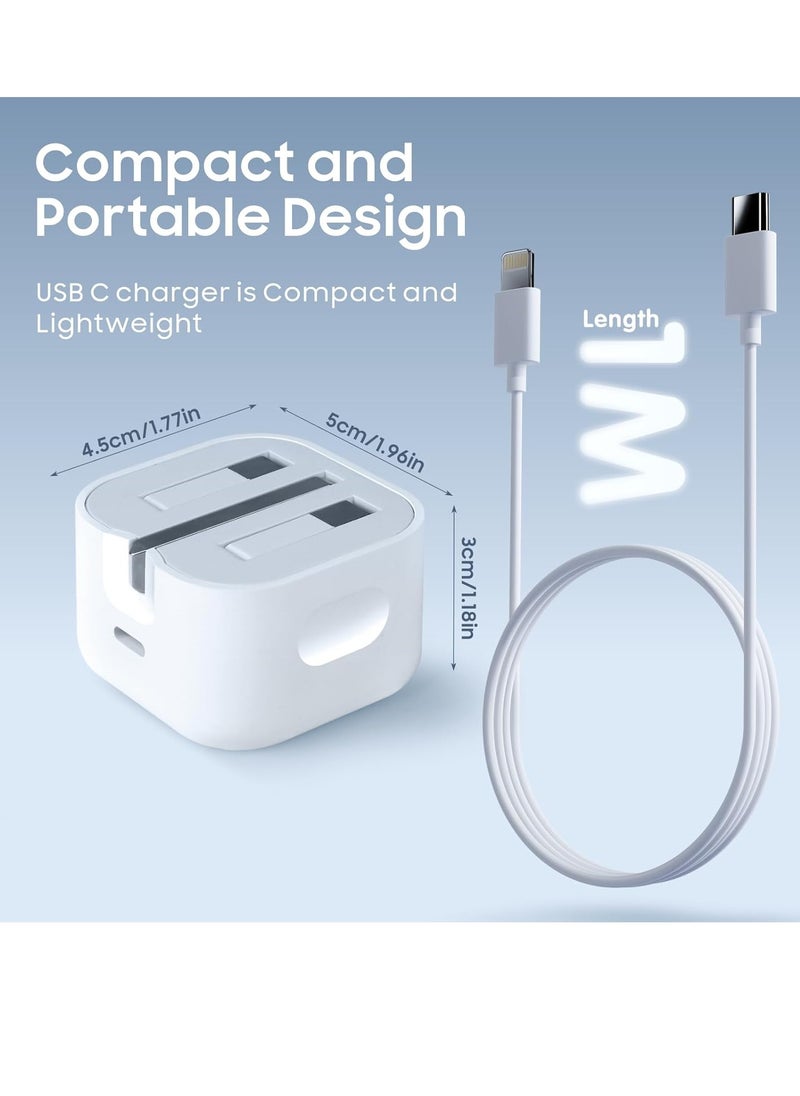 Fast Charger Plug, 20W USB C Fast Charger with 1M Cable for iPhone 14 13 12 Pro Max/Mini/Plus,Pad Pro,USBC PD Wall Charging Plug UK Type C Power Adapter and 6FT Cord